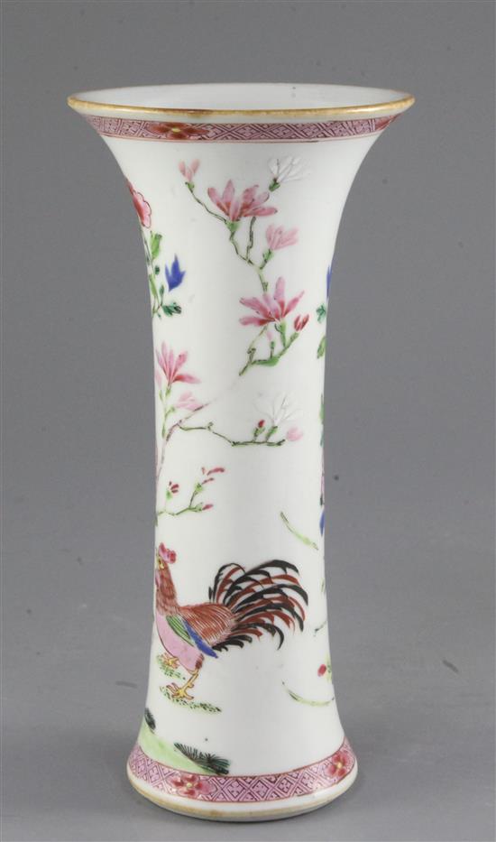 A Chinese famille rose cockerel or rooster trumpet shaped vase, Qianlong period, height 22.5cm